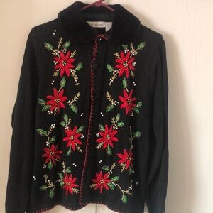 Woman’s embroidered rayon VTG Y2k rare Christmas festive fur collar sweater